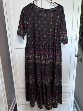 GUDRUN SJODEN Black Tiered Lalita Folklore Print Dress Medium Organic Cotton